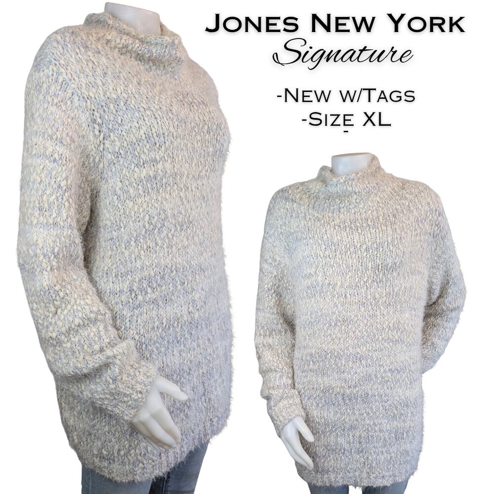 Jones New York Turtleneck Tunic Sweater XL Gray White Fuzzy Boucle Oversized NEW